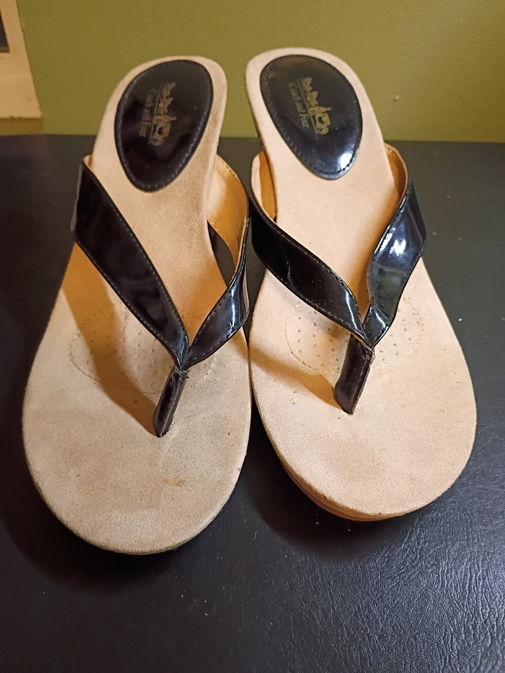 Coach Black Patent Thong Wedge Sandals with Beige Footbed